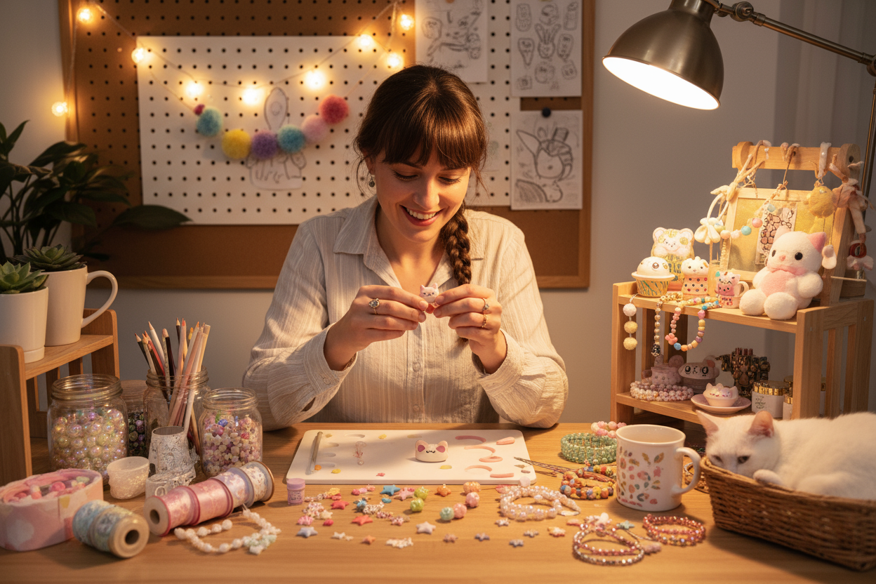 Person creating cute items with passion